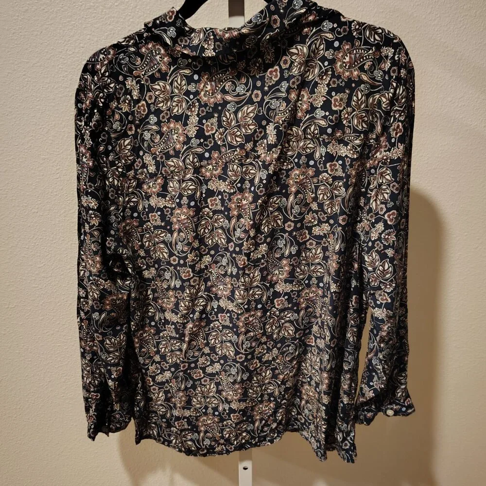 Croft & Barrow Women's Button Front Long Sleeve Blouse Size XL Rayon Blue Print - Picture 8 of 11